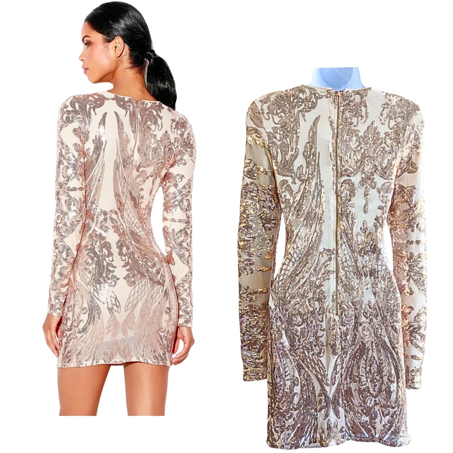 LULUS Mirasol Rose Gold Sequin Long Sleeve Bodycon Mini Dress Size XS