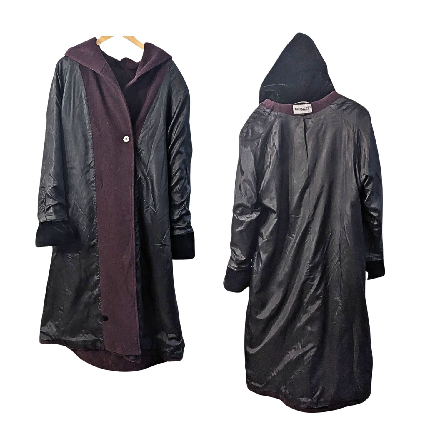 Vtg 80s BROMLEY COLLECTION Plum 100% Wool Double Breasted Hooded Long Coat Sz 12