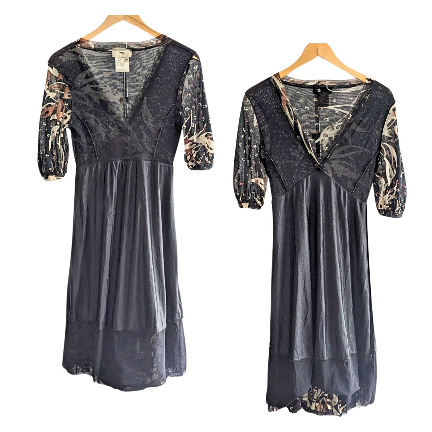 Vtg Y2K FUZZI Cheetah Print Stretch Tulle Overlay Flounce Smock Midi Dress Sz M