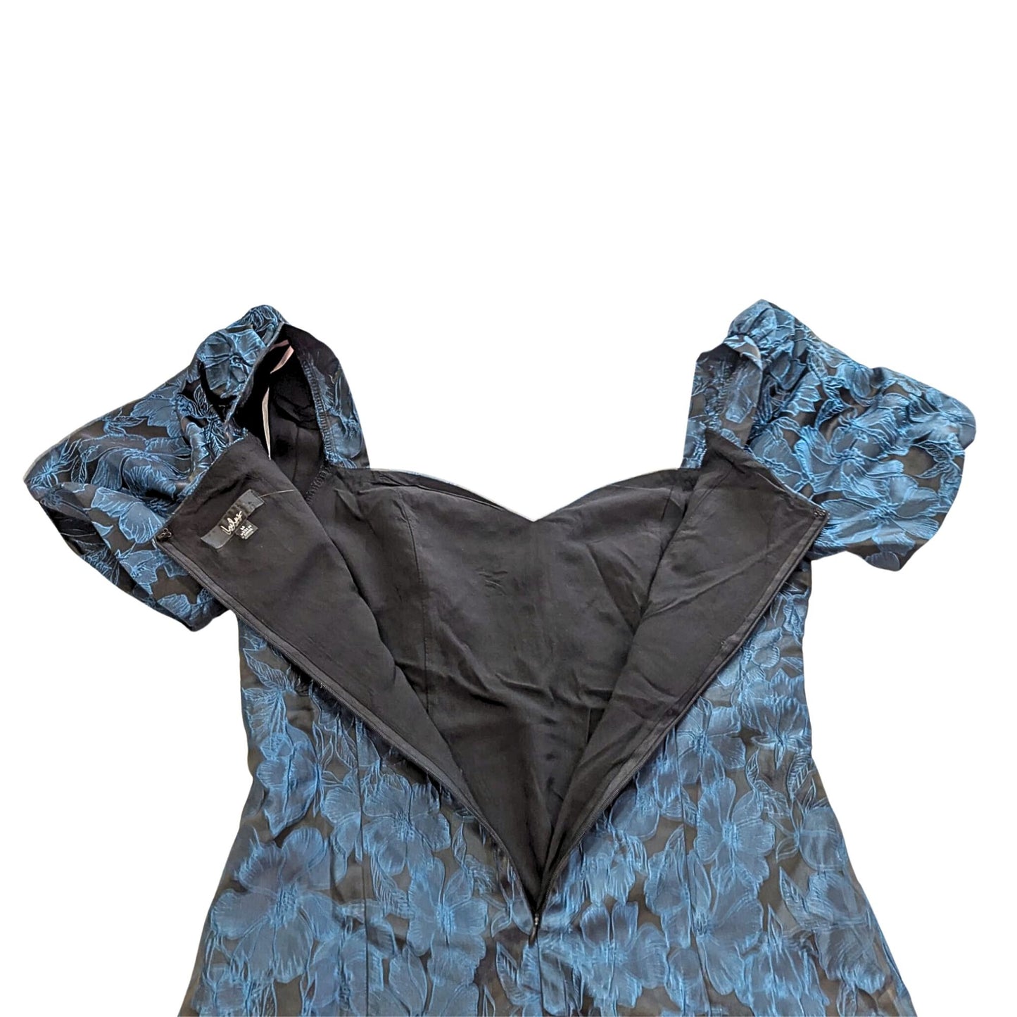 NWT LULUS Beyond Amazing Dark Teal Blue Floral Jacquard Puff Sleeve Dress Size M