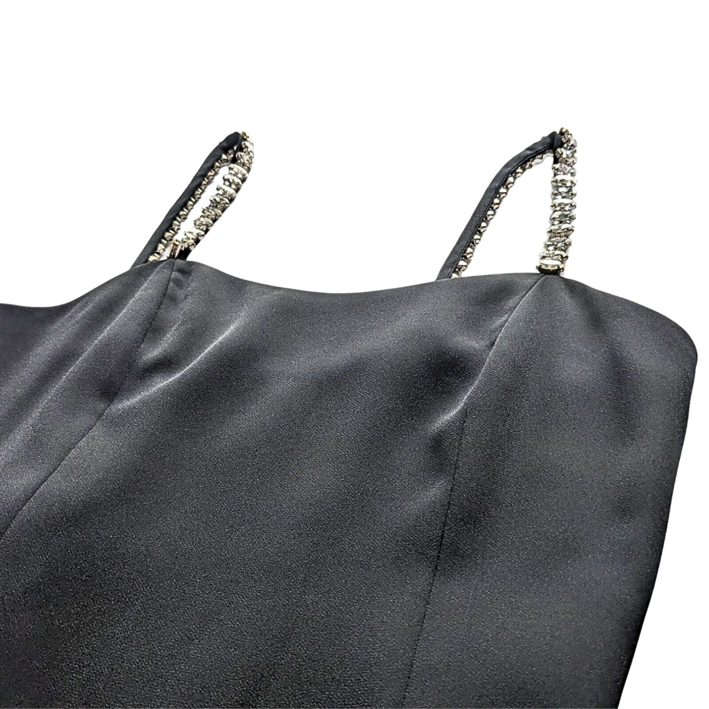 Slinky Vtg 80s VICTOR COSTA for Nahdrée Slit & CrystalStrap Black Slip Dress Sz4