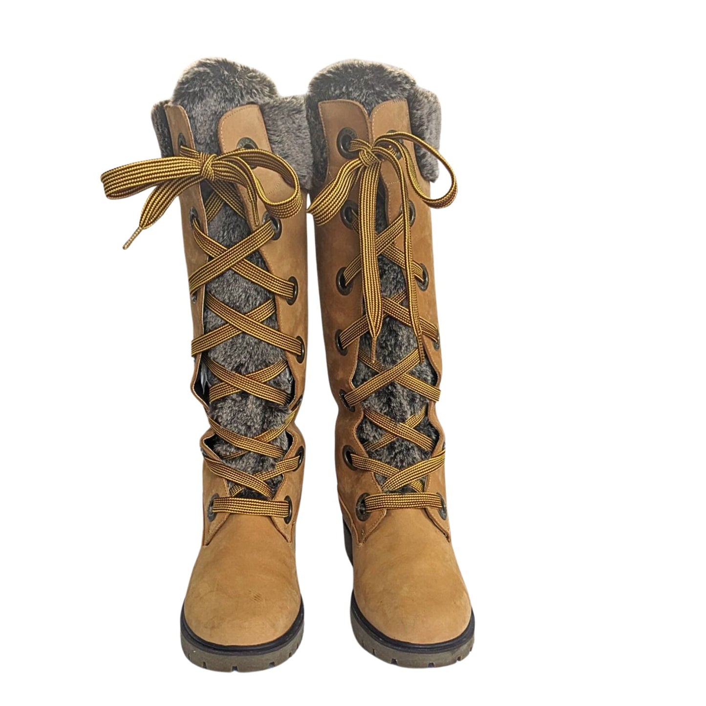 Vtg Y2K TIMBERLAND Mirney 91335 Wheat Faux Fur Wide Lace Knee High Boots Sz 8.5