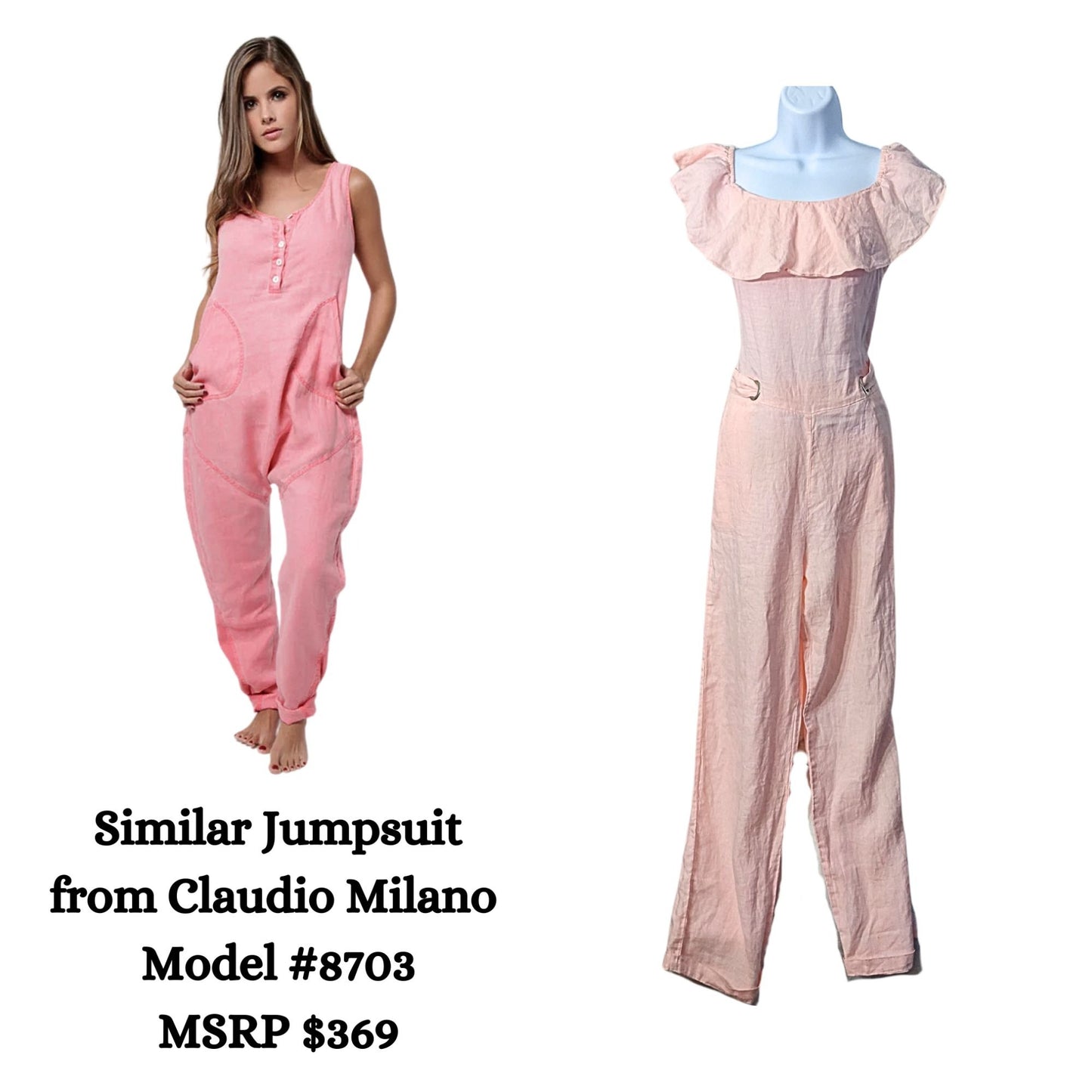 NWT CLAUDIO MILANO Pre-Launch Pink Ruffle Off-Shoulder Linen Jumpsuit #8707 Sz S