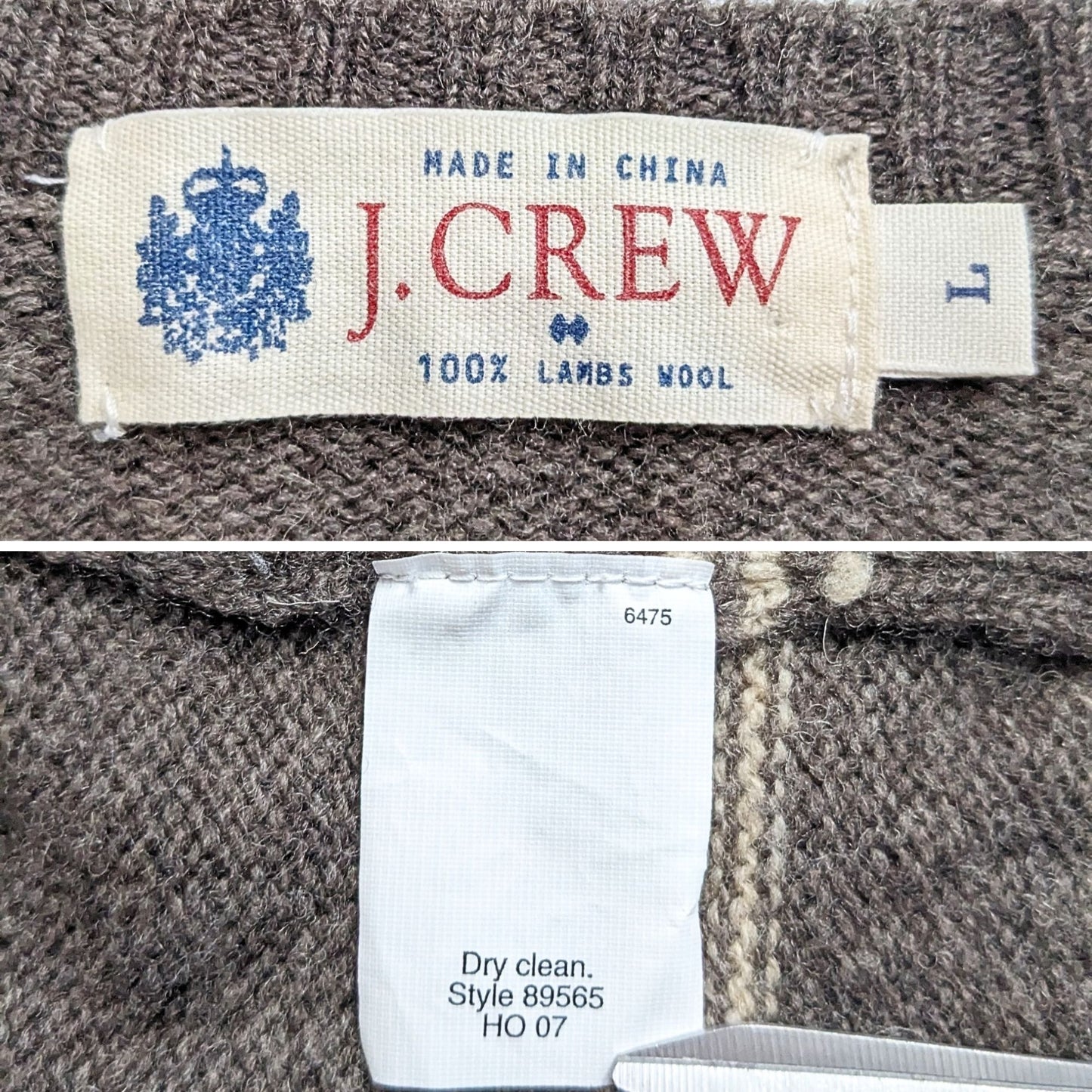 Vintage 2007 J.CREW 100% Lambswool Brown V-Neck Tan Stripe Sweater Size L