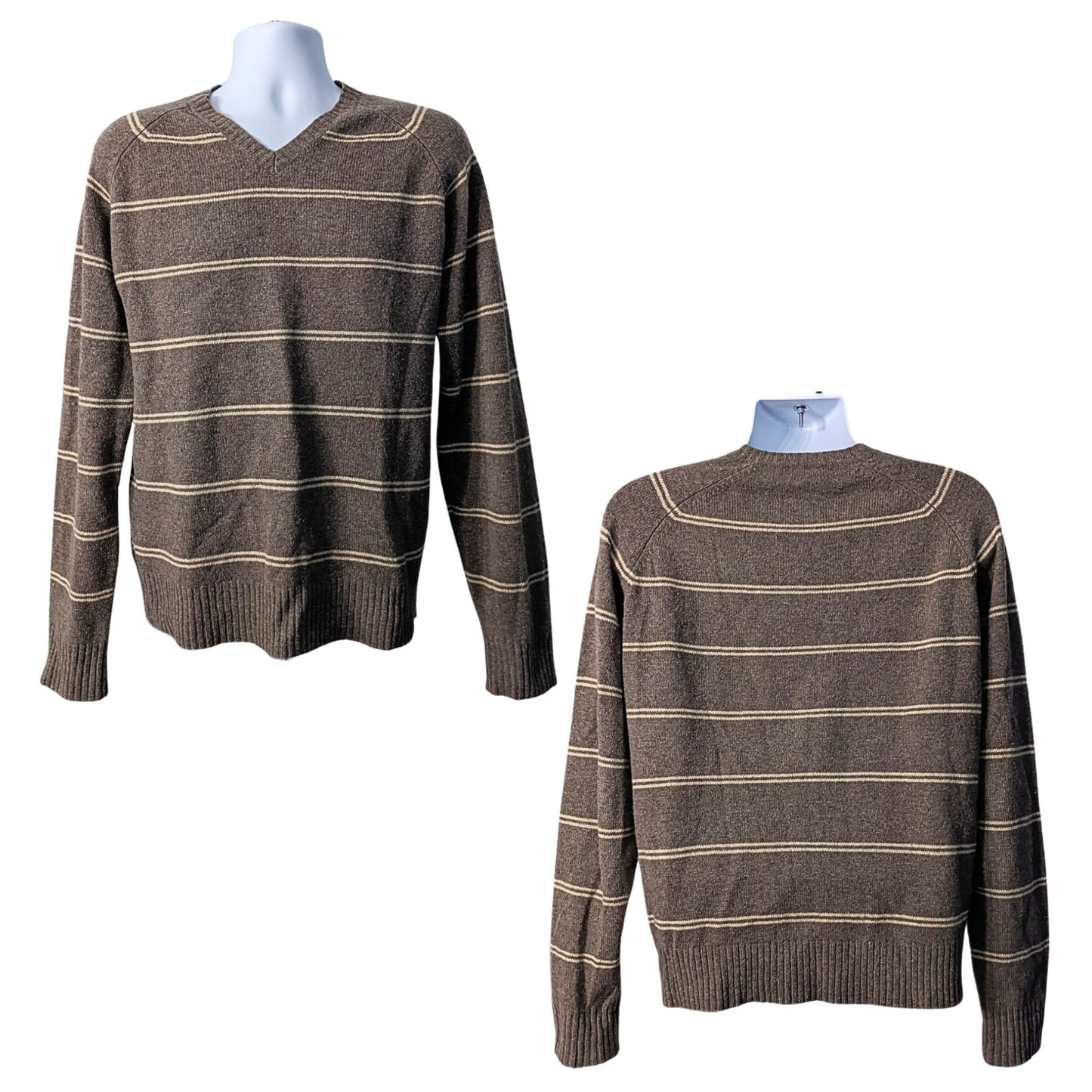Vintage 2007 J.CREW 100% Lambswool Brown V-Neck Tan Stripe Sweater Size L