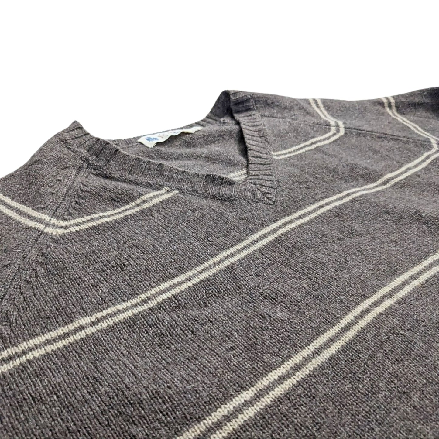 Vintage 2007 J.CREW 100% Lambswool Brown V-Neck Tan Stripe Sweater Size L