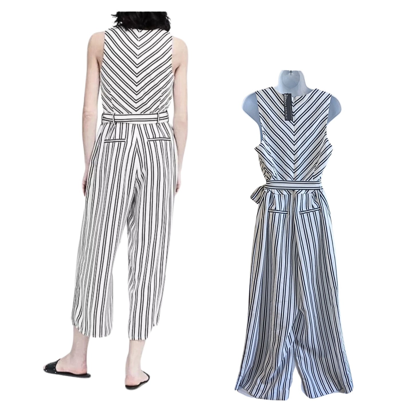 NWT BANANA REPUBLIC White & Black Chevron Wide-Leg Belted Cropped Jumpsuit Sz 8