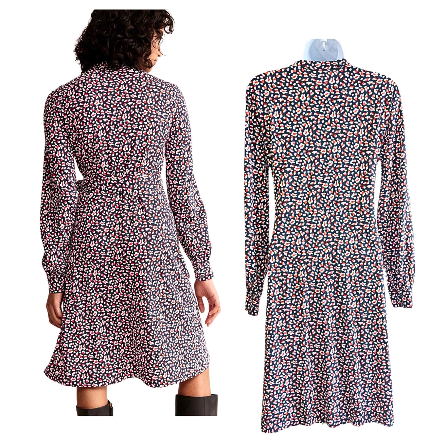 BODEN Julia Rare Navy Animal Print Tencel Blend Button Jersey Shirt Dress Sz 8R