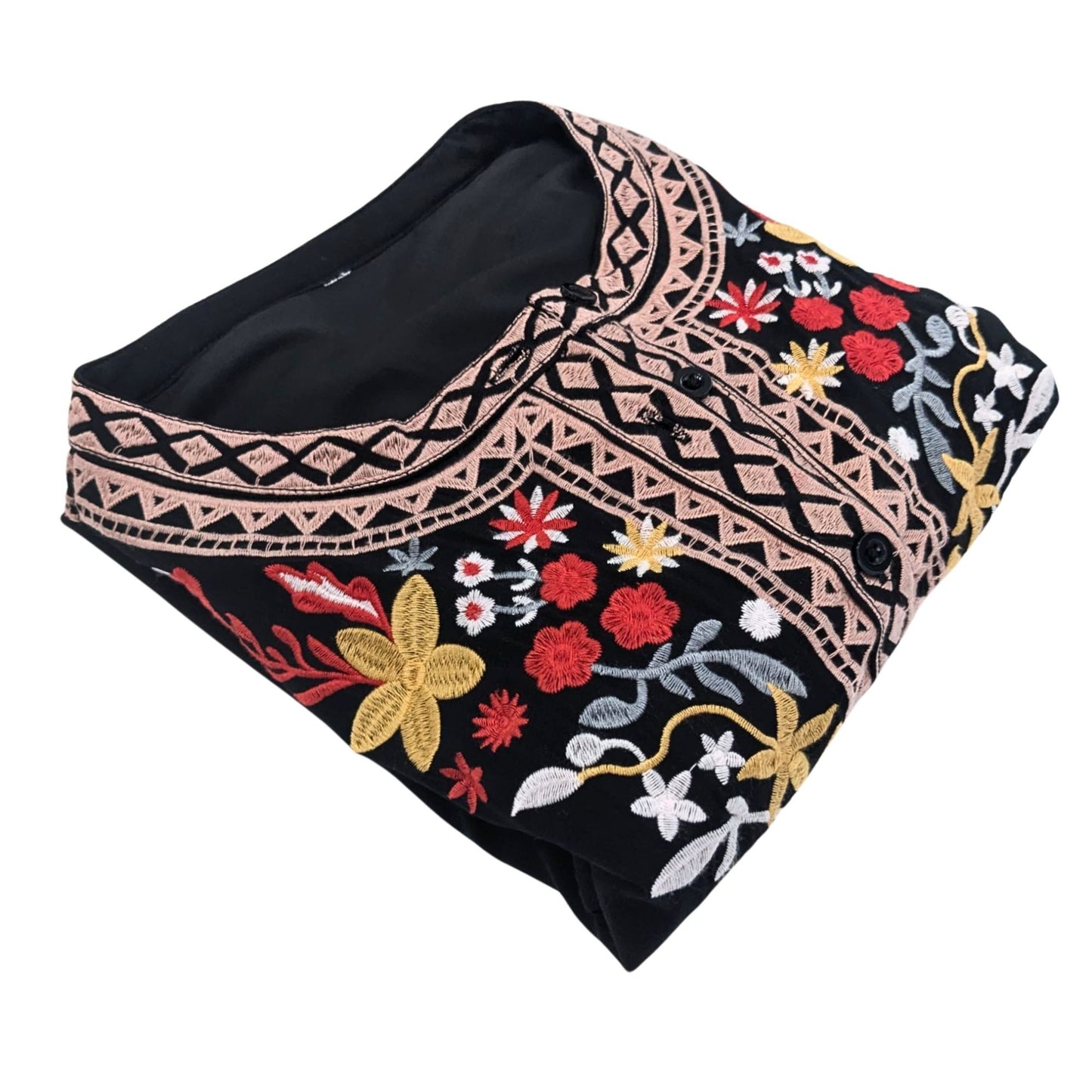 NWOT AK Mexican Boho Black Embroidered LongSleeve Peasant Casual Tunic Sz M