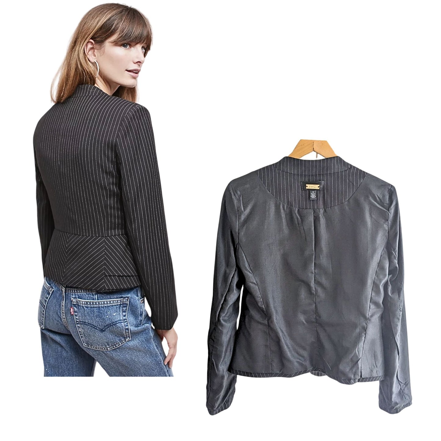 Anthropologie GREYLIN Office Siren Black Pinstriped Peplum Blazer Size M