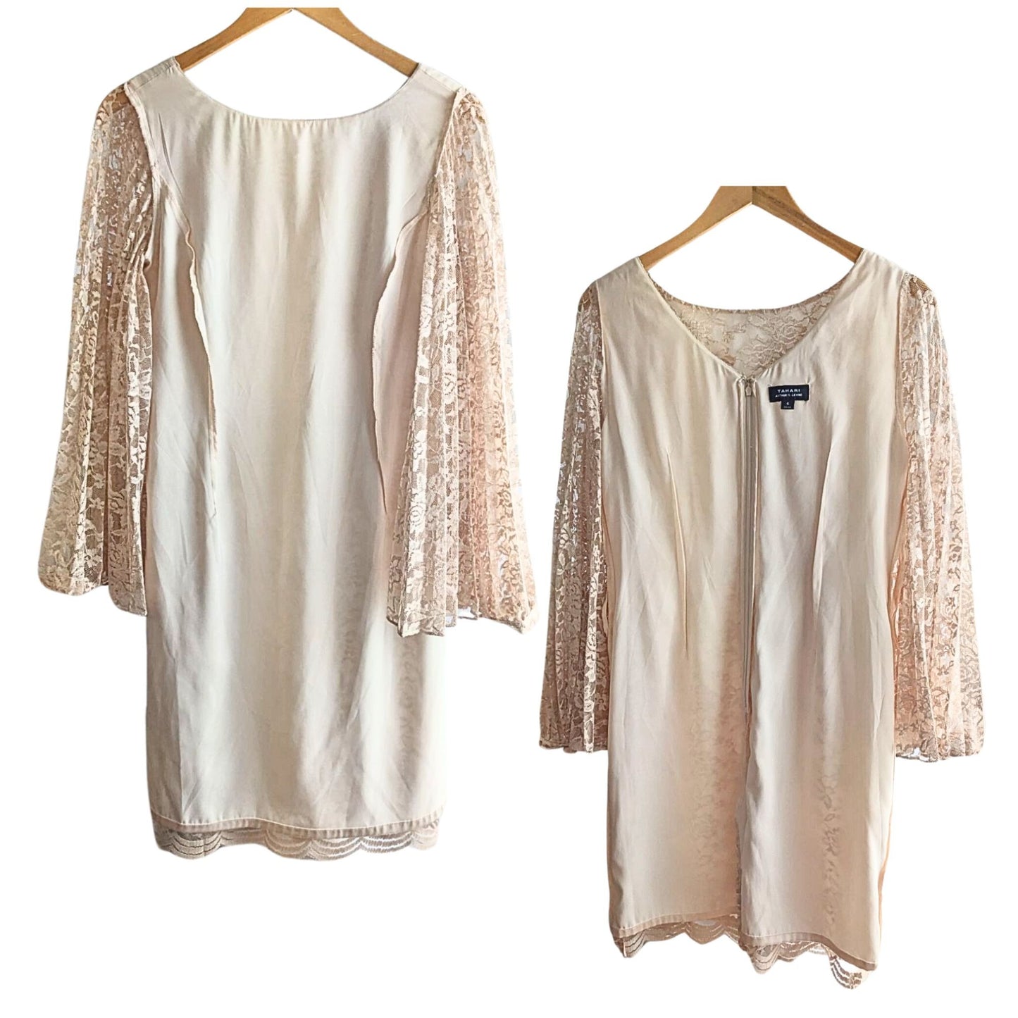 Angelic TAHARI ARTHUR S LEVIN Champagne Satin Georgette Angel Sleeve Lace Overlay Mini Dress Size 6