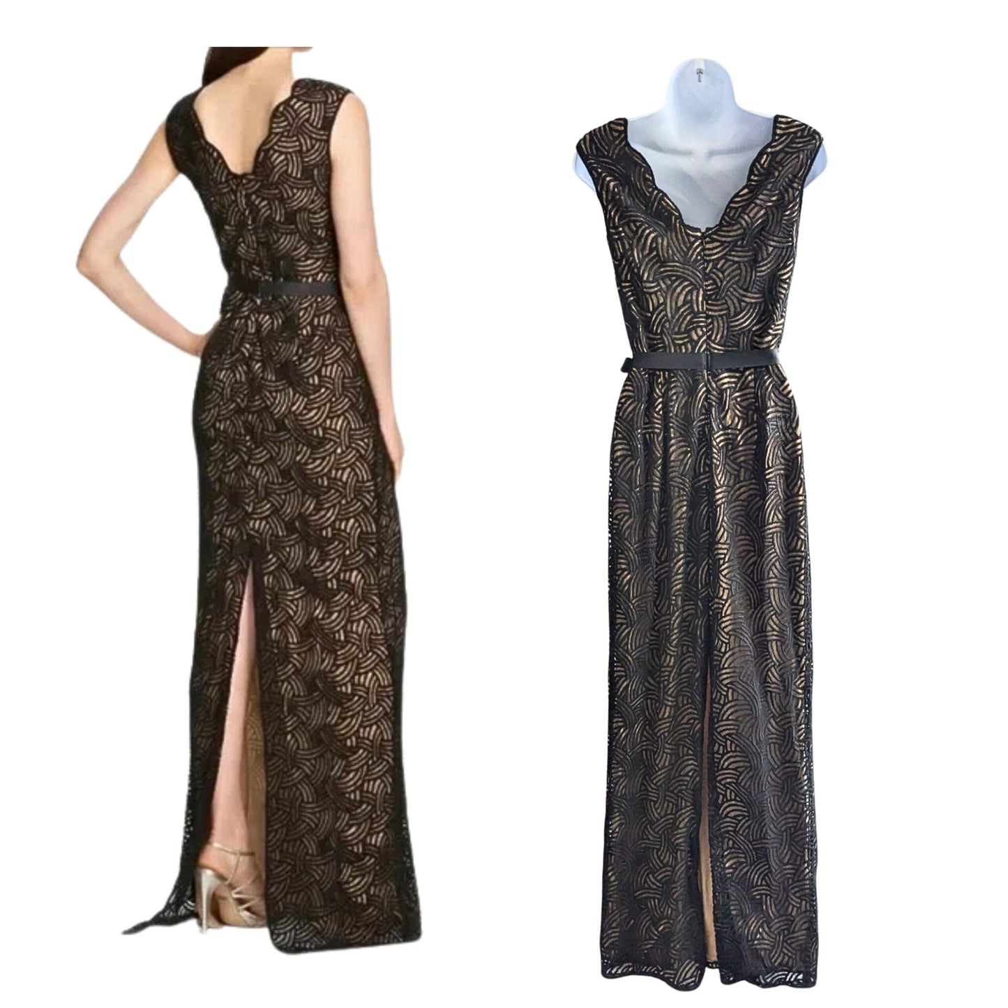TADASHI SHOJI Black & Tan Art Nouveau Velvet Overlay Belted Masquerade Gown Sz 4