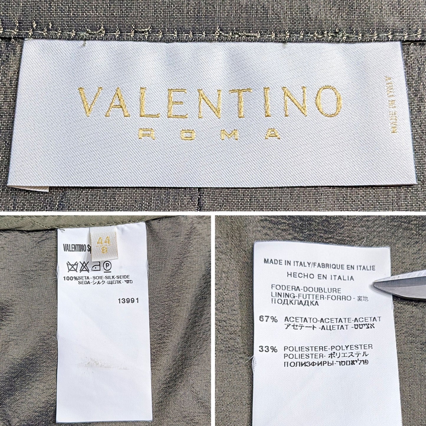Vtg Y2K VALENTINO Metallic Futurism 100% Silk Green-Gray Belted Moto Trench Sz 8