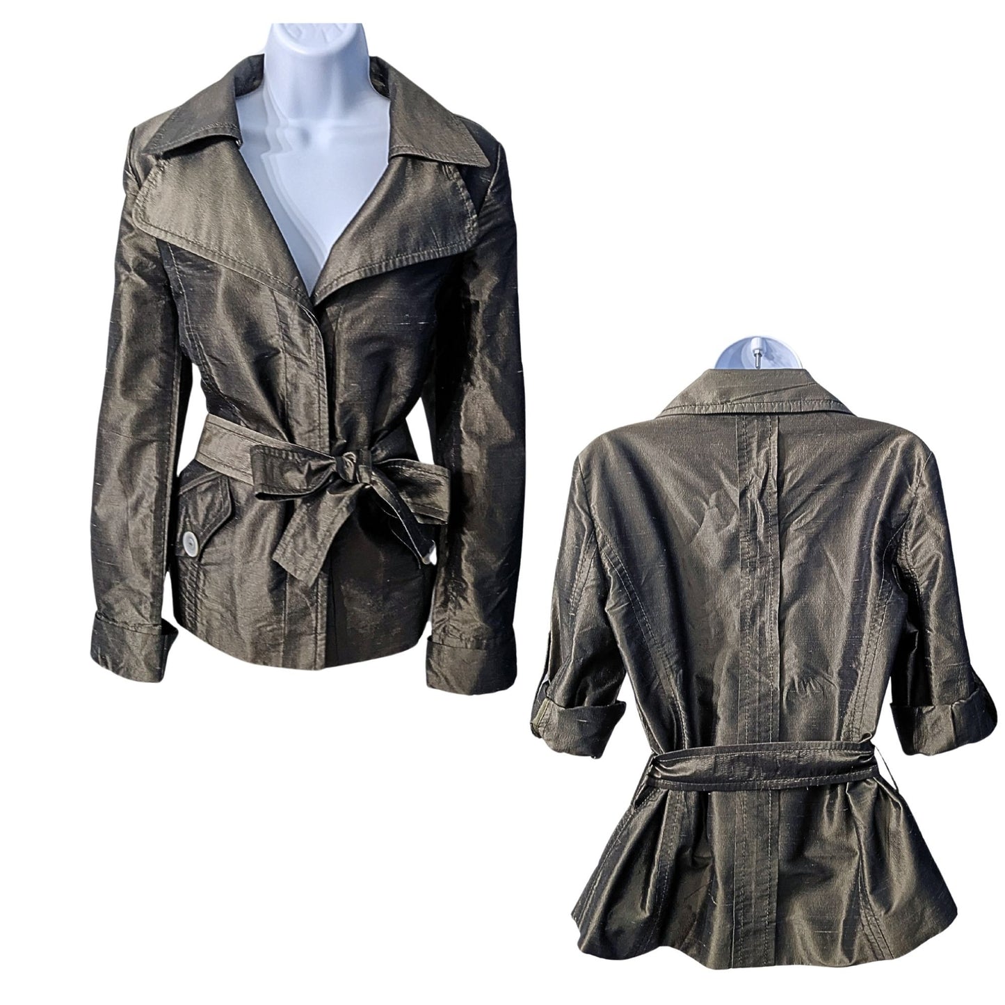 Vtg Y2K VALENTINO Metallic Futurism 100% Silk Green-Gray Belted Moto Trench Sz 8