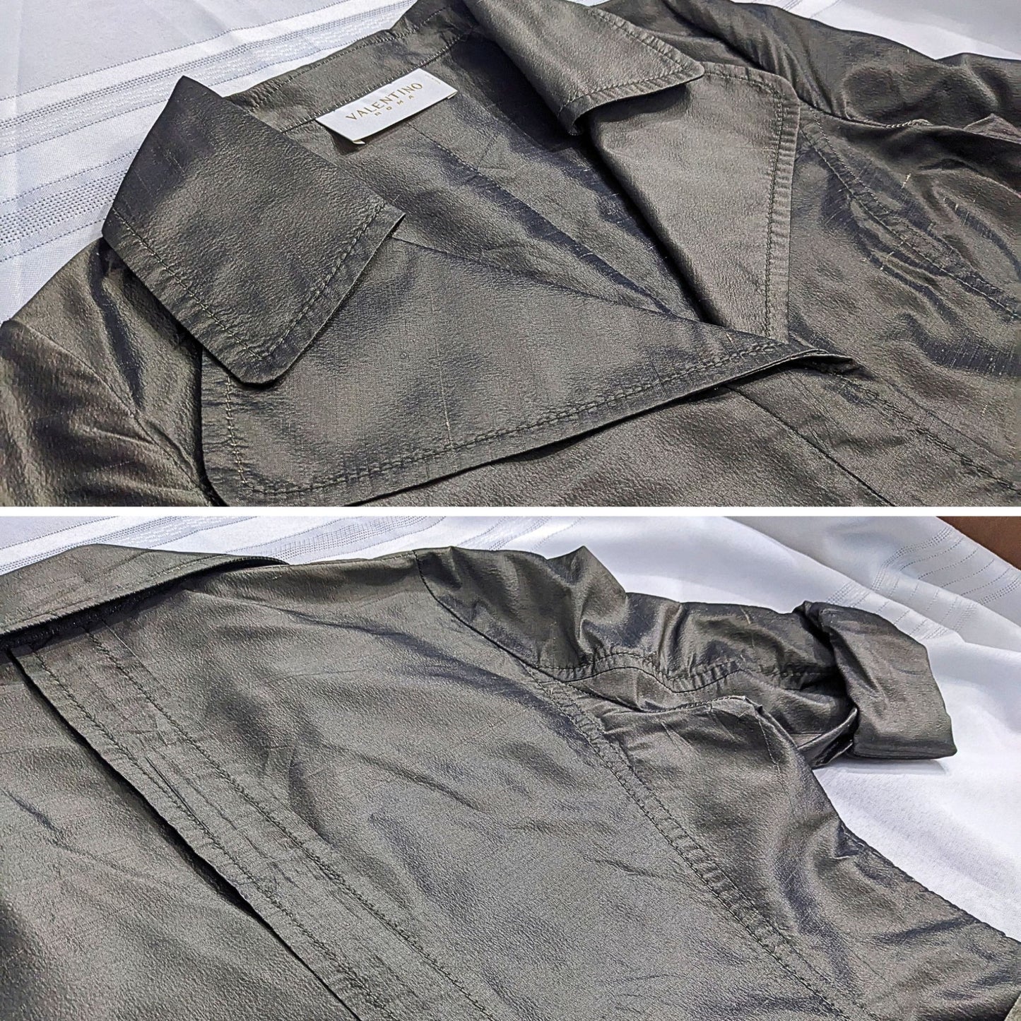 Vtg Y2K VALENTINO Metallic Futurism 100% Silk Green-Gray Belted Moto Trench Sz 8