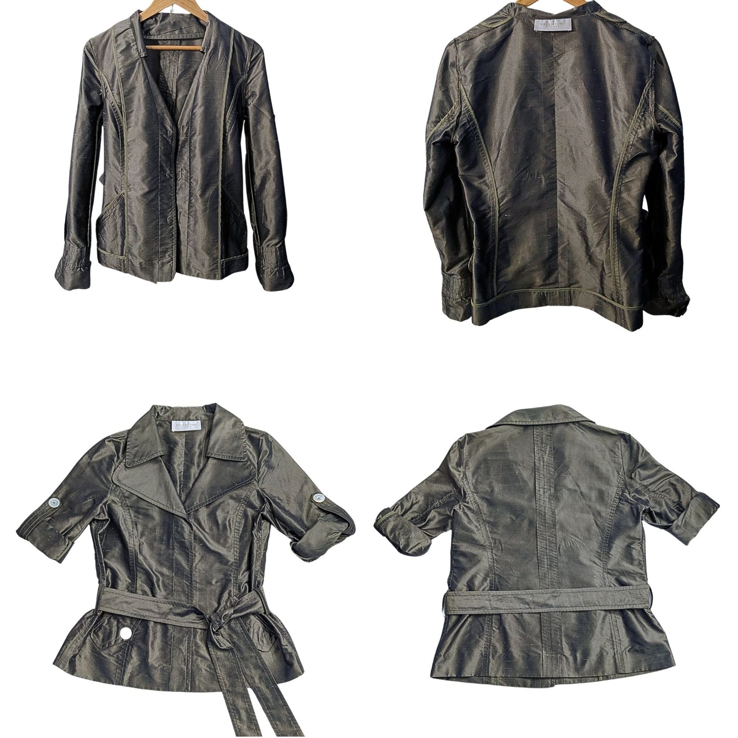 Vtg Y2K VALENTINO Metallic Futurism 100% Silk Green-Gray Belted Moto Trench Sz 8