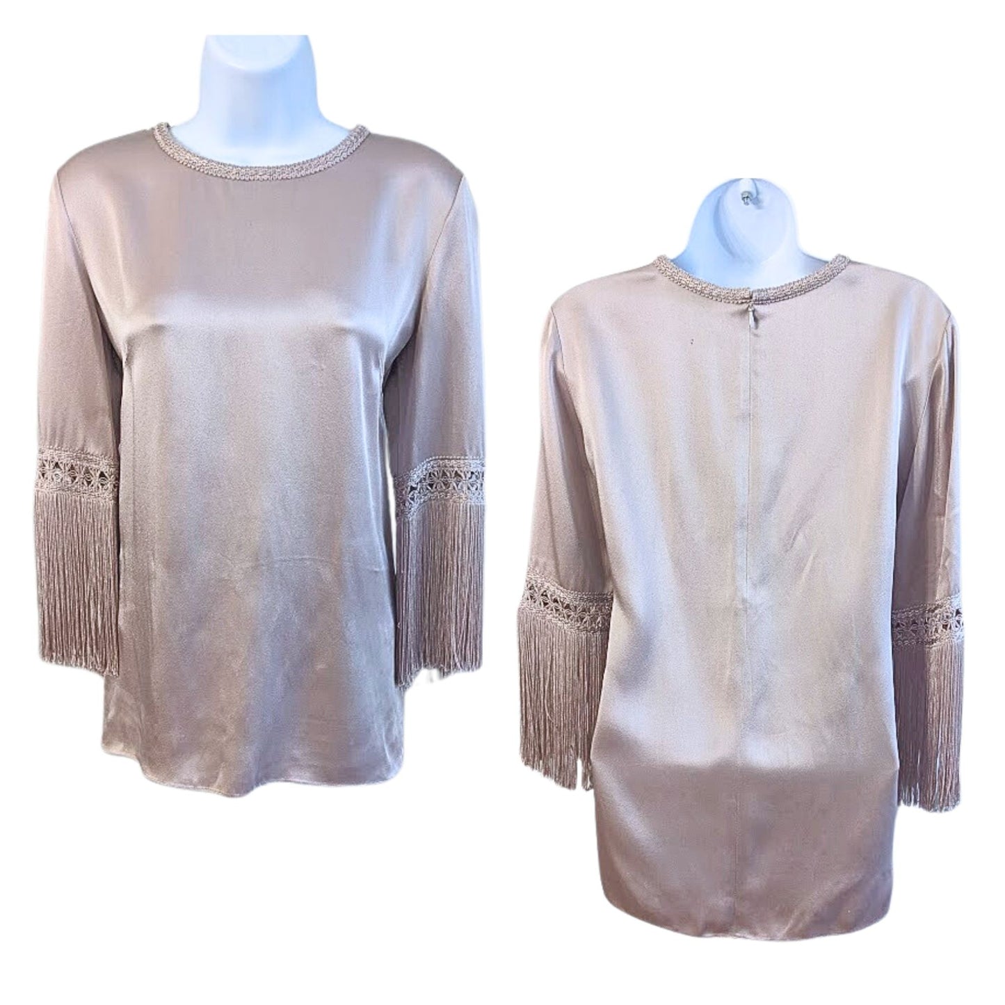 2015 ANDREW GN Dusty Mauve Boho Fringe Heirloom Fabric-Themed RTW Blouse Size 36
