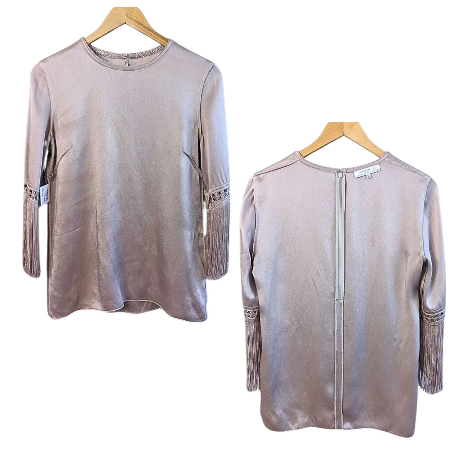 2015 ANDREW GN Dusty Mauve Boho Fringe Heirloom Fabric-Themed RTW Blouse Size 36