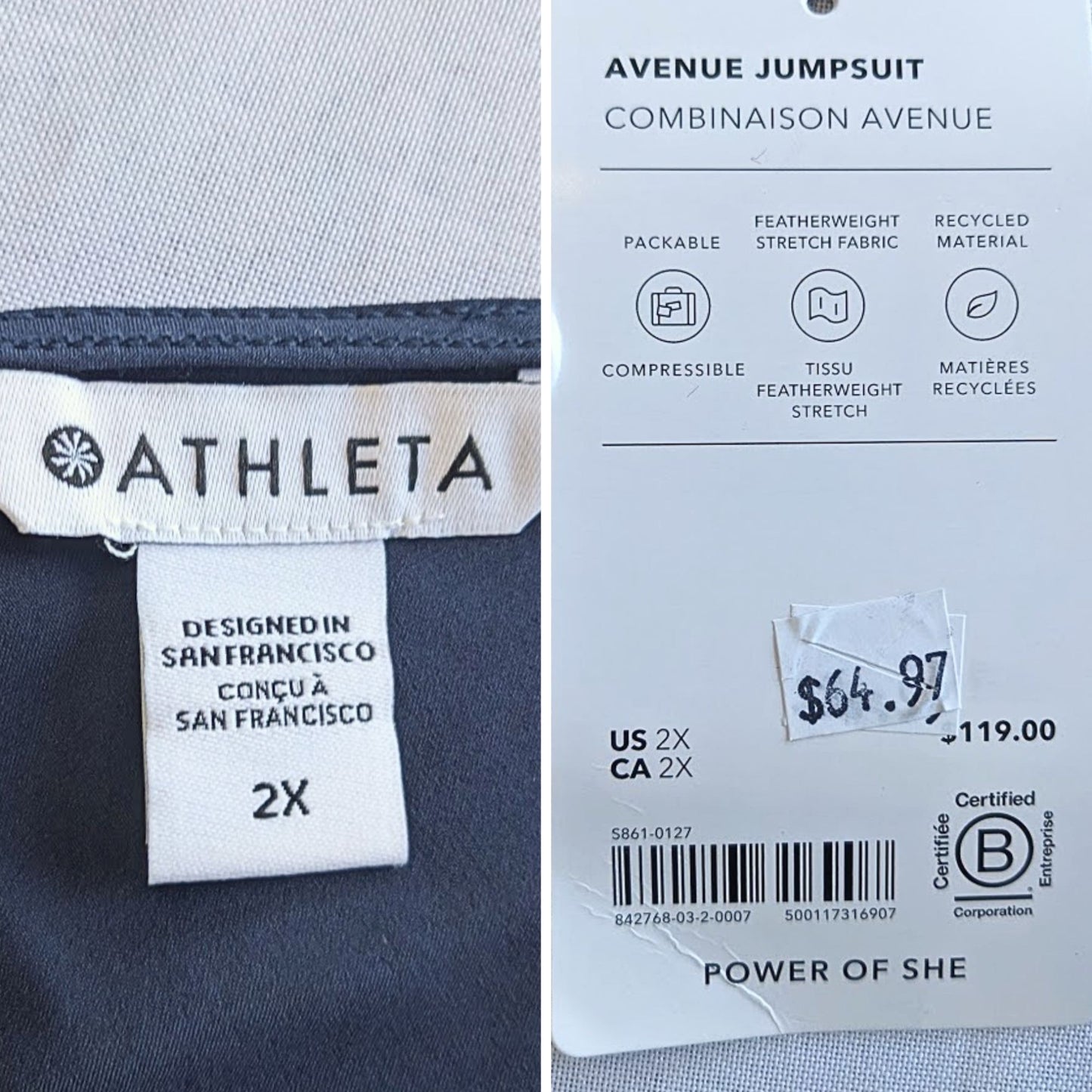 NWT ATHLETA Avenue Navy Blue Sleeveless 4-Pocket Ruched Waist Jumpsuit Size 2X