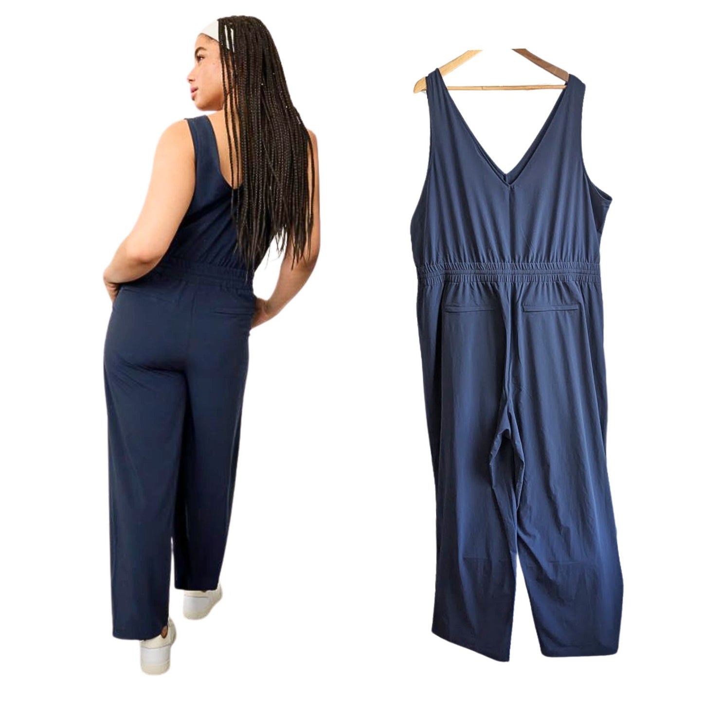 NWT ATHLETA Avenue Navy Blue Sleeveless 4-Pocket Ruched Waist Jumpsuit Size 2X