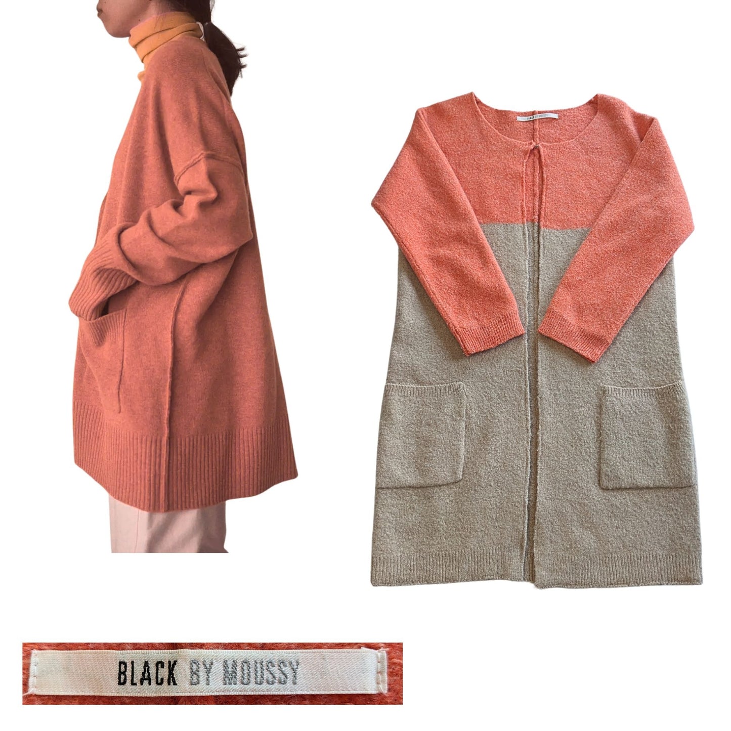 BLACK by MOUSSY Orange Tan100% Wool Colorblock Long Sleeve Cardigan Size M