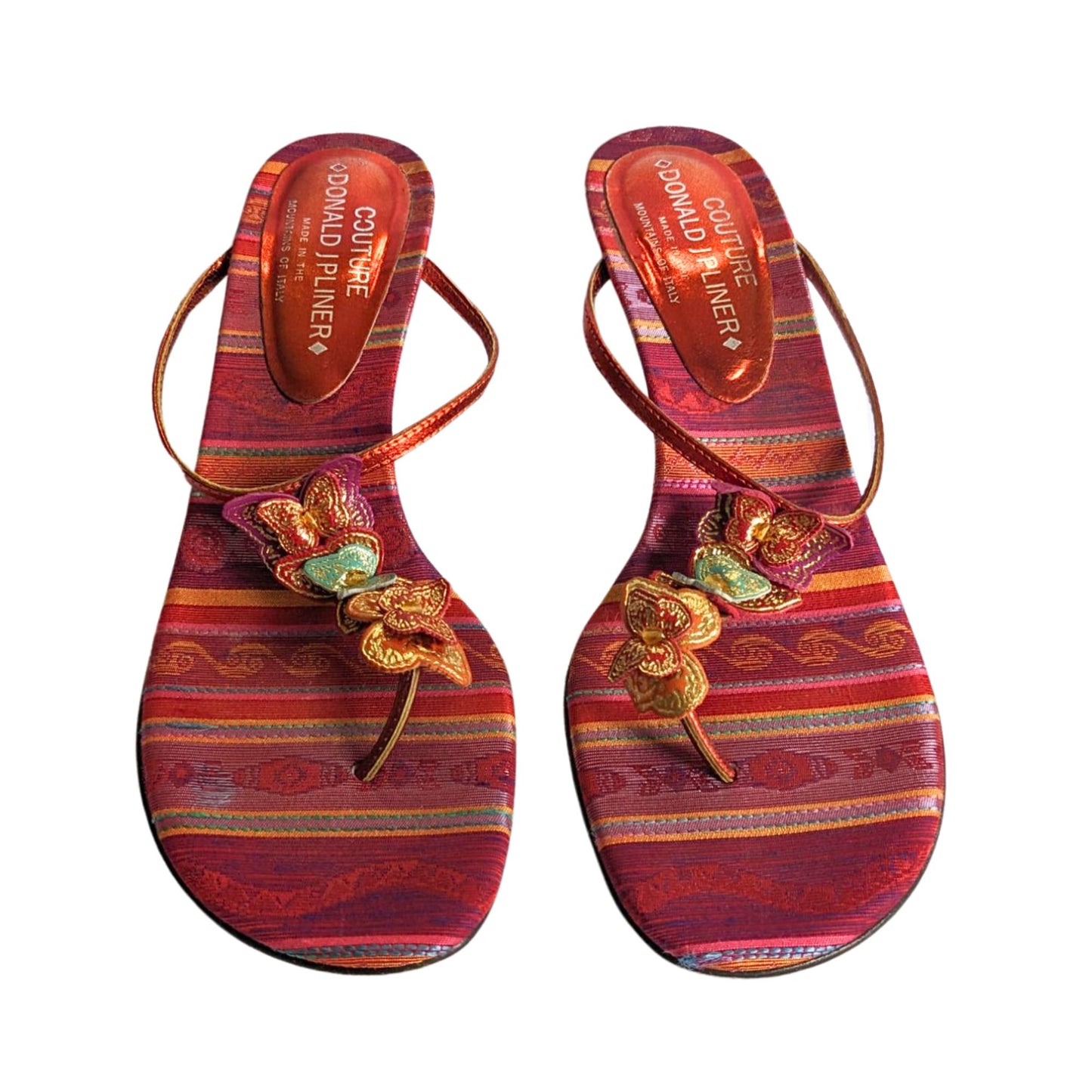 Vtg Y2K Couture DONALD J PLINER Metallic Southwest Butterfly Silk Kitten Heels 8