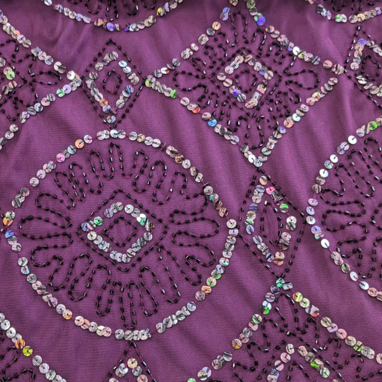 Vintage Y2K ANGIE Geometric Embellished Plum Sheath Scallop Hem Mini Dress Sz L