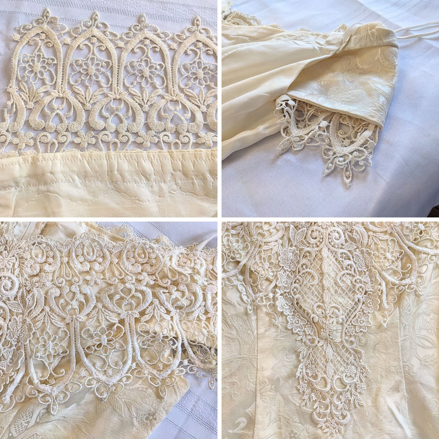Vintage 80s LORALIE Ivory Romanian Macramé Lace Damask Wedding Sheath Dress Sz12