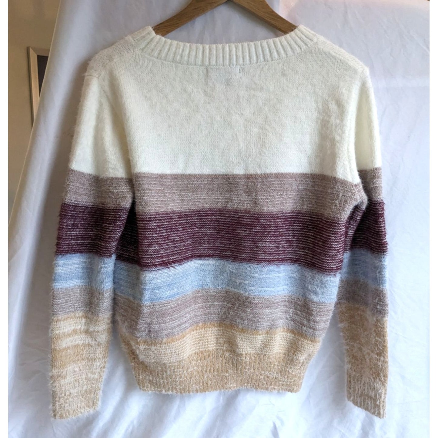 FATE Fuzzy Knit Colorblock Sweater Ivory Burgundy Striped - Cozy & Warm Size S