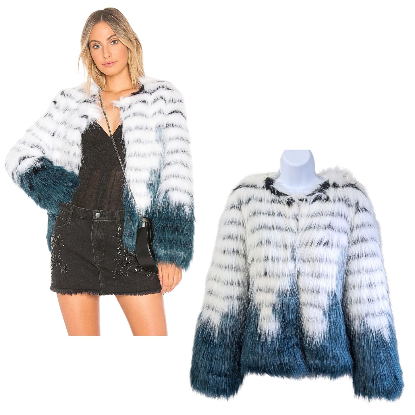 Revolve ELLIATT Felice Faux Fur Dip Dye White Teal Jacket Size M