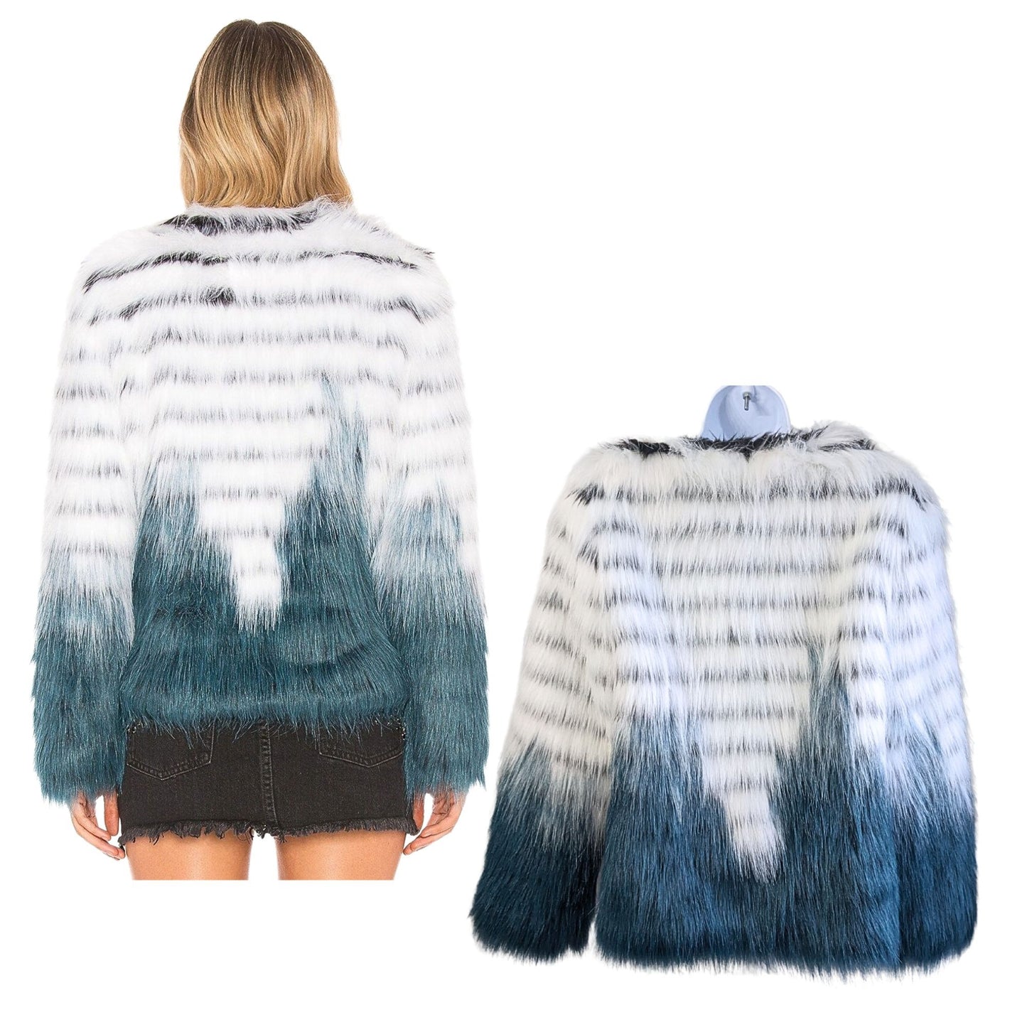 Revolve ELLIATT Felice Faux Fur Dip Dye White Teal Jacket Size M