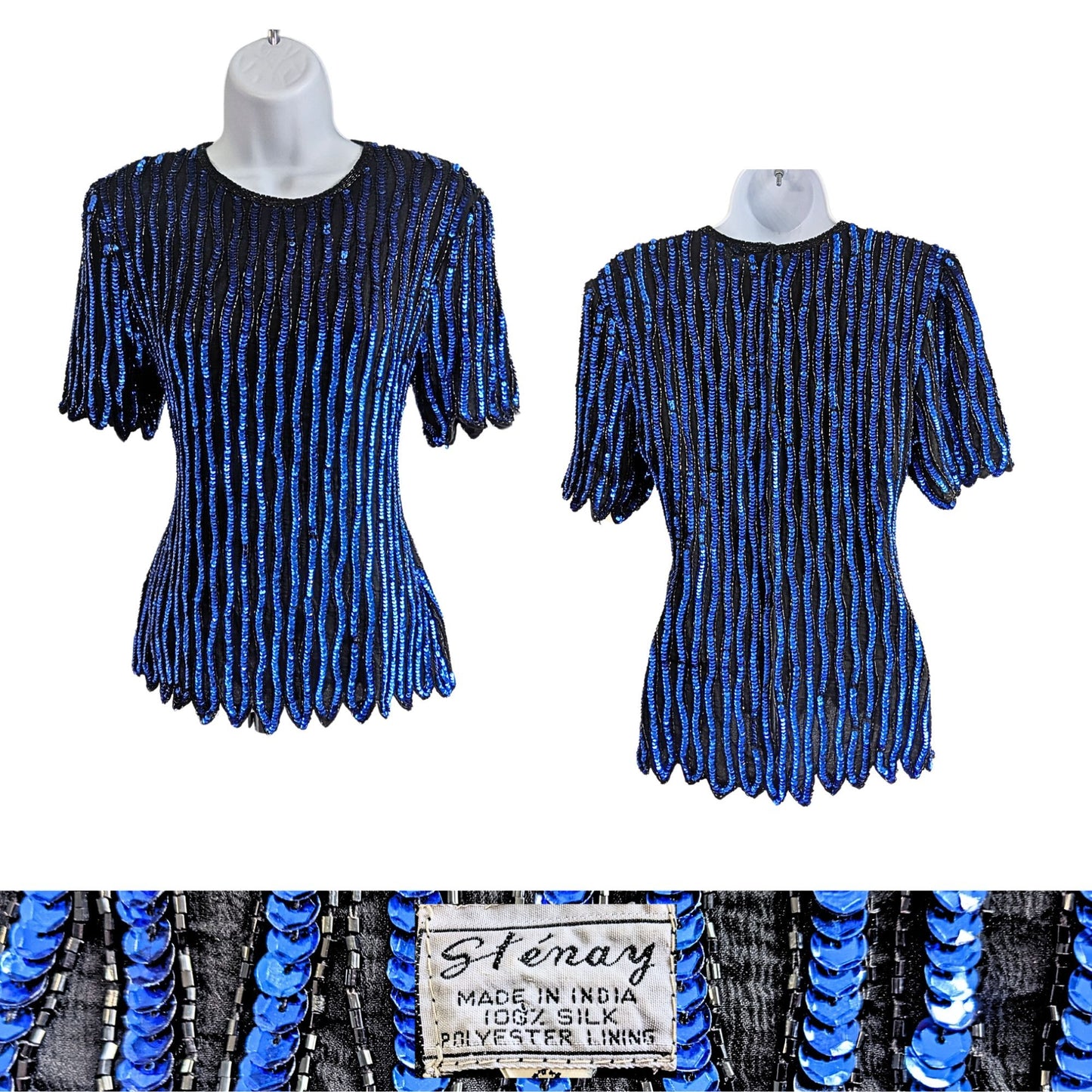 Vtg 80s STENAY Black Sapphire Blue 100% Silk Sequin Striped Evening Top Size S