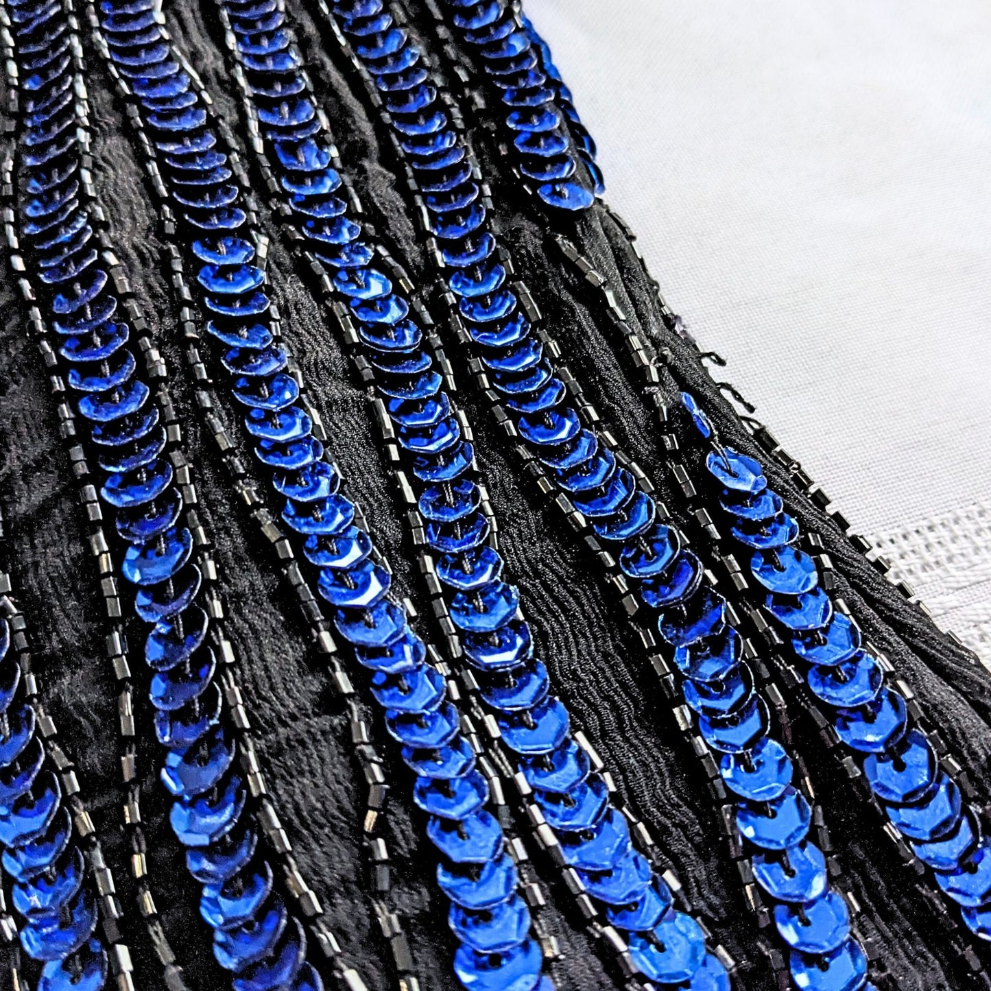 Vtg 80s STENAY Black Sapphire Blue 100% Silk Sequin Striped Evening Top Size S