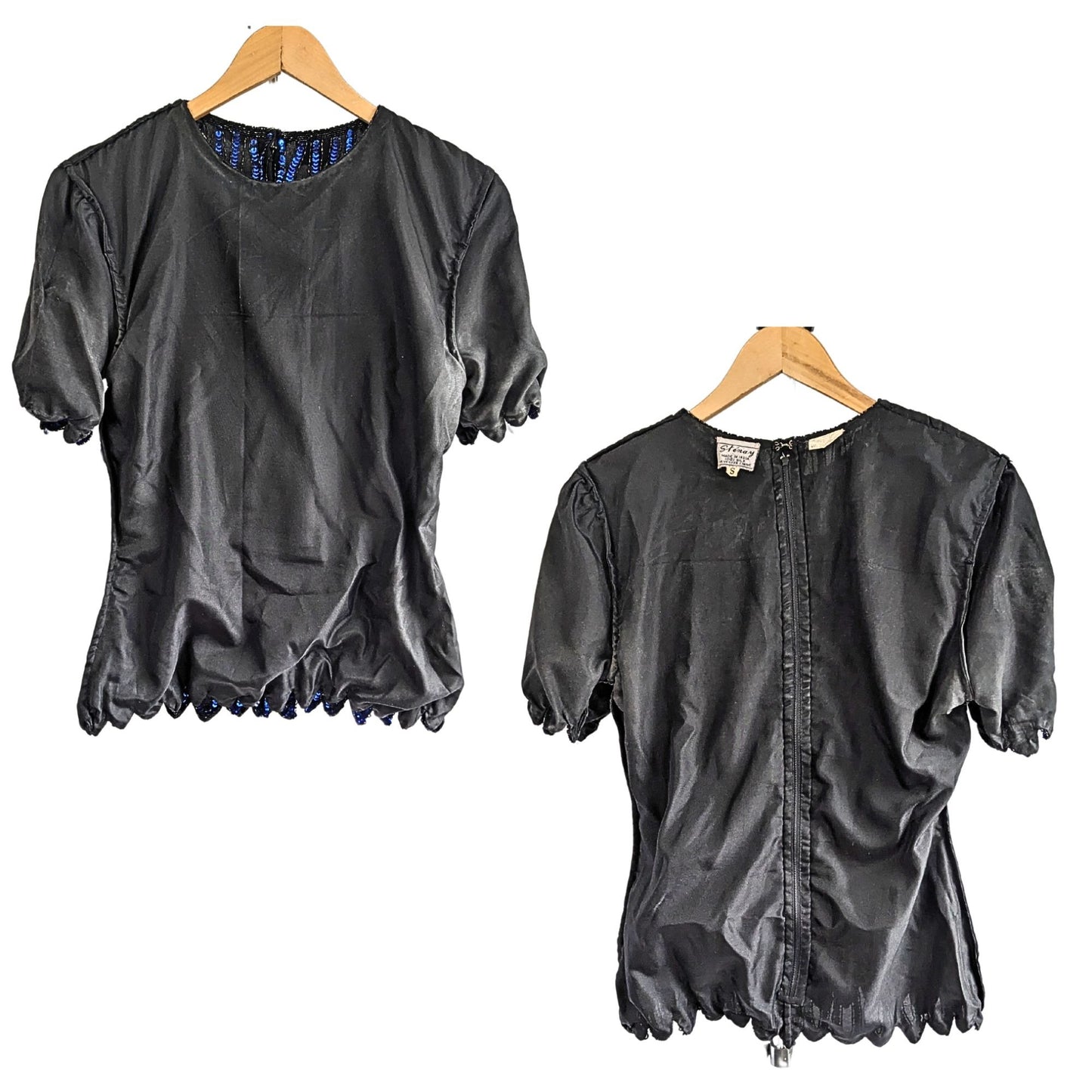 Vtg 80s STENAY Black Sapphire Blue 100% Silk Sequin Striped Evening Top Size S