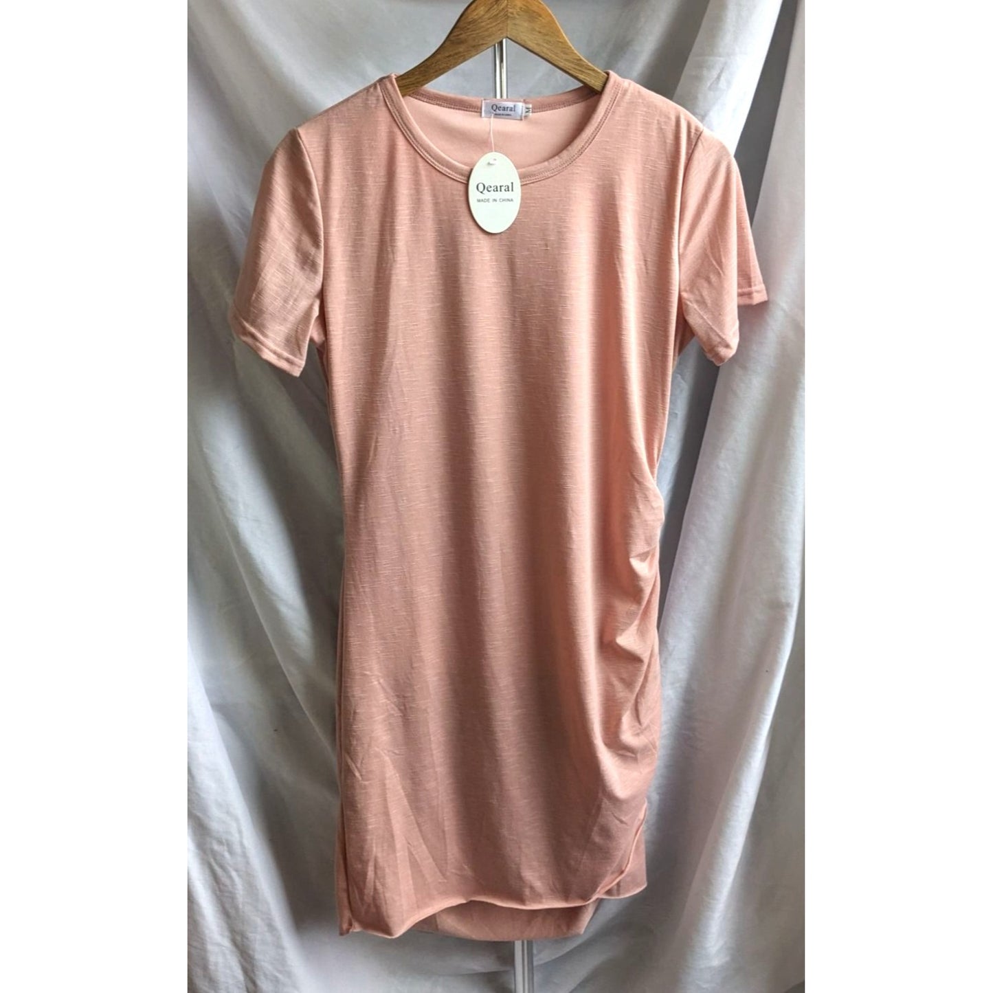 NWT QEARAL Spring Peach Bodycon T-Shirt Mini Dress Ruched Side Tulip Hem Size M