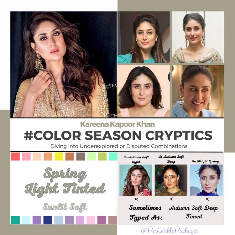Color analysis collage of Kareena Kapoor Khan and her Light Spring labeling. by Periwinkle Packages
