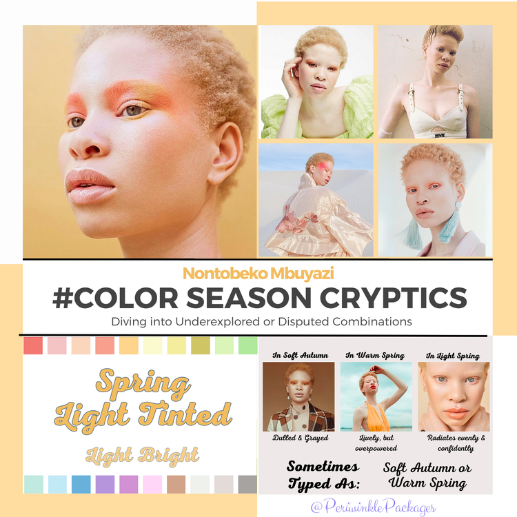 A collage of model Nontobeko Mbuyazi and using seasonal color analysis to label her as a Light Spring. From Periwinkle Packages.