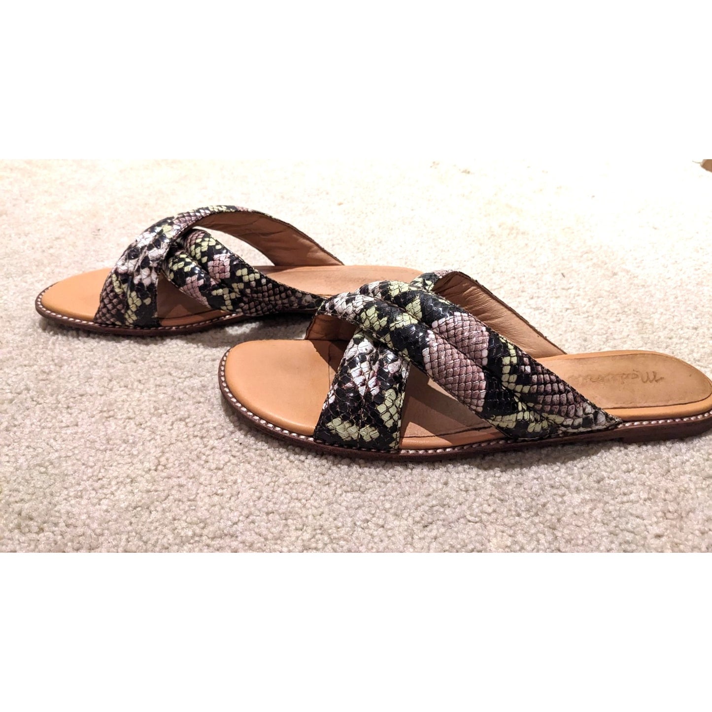 MADEWELL Faux Snakeskin 'Skyler' Slides - Green and Black Glam Sandals Size 9.5