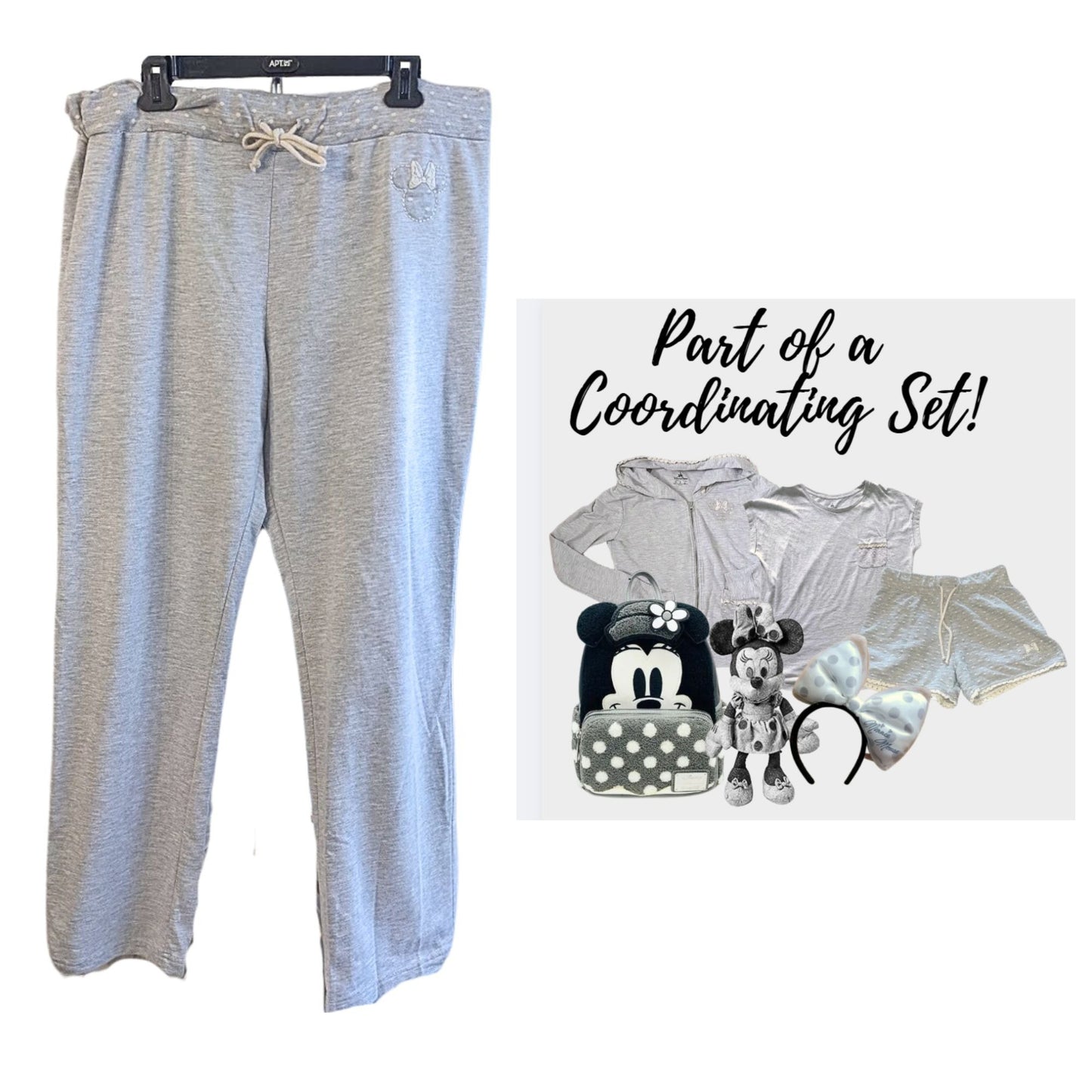 DISNEY PARKS Gray Cream Polka Dot Lace Minnie Mouse High Rise Sweatpants Size XL