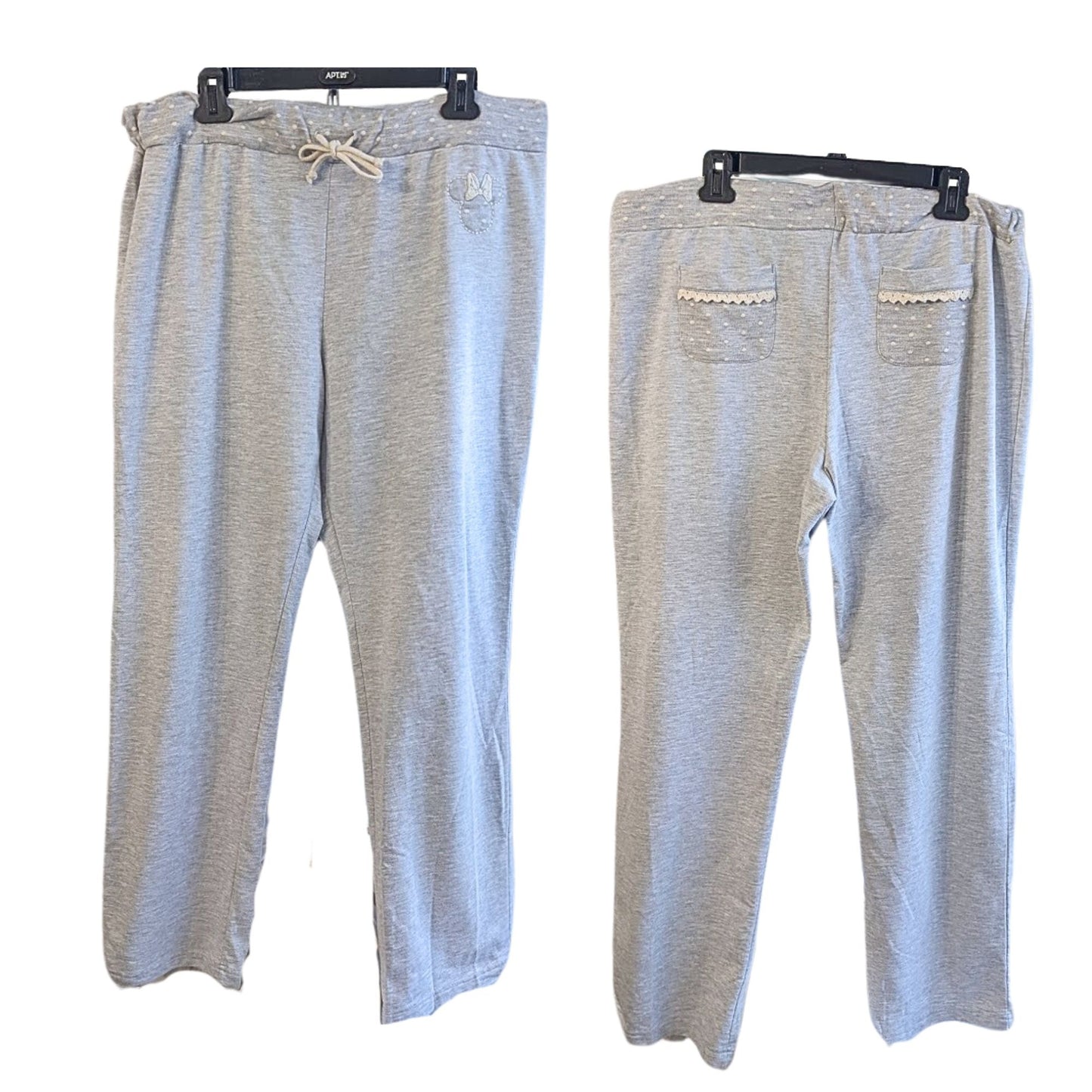 DISNEY PARKS Gray Cream Polka Dot Lace Minnie Mouse High Rise Sweatpants Size XL