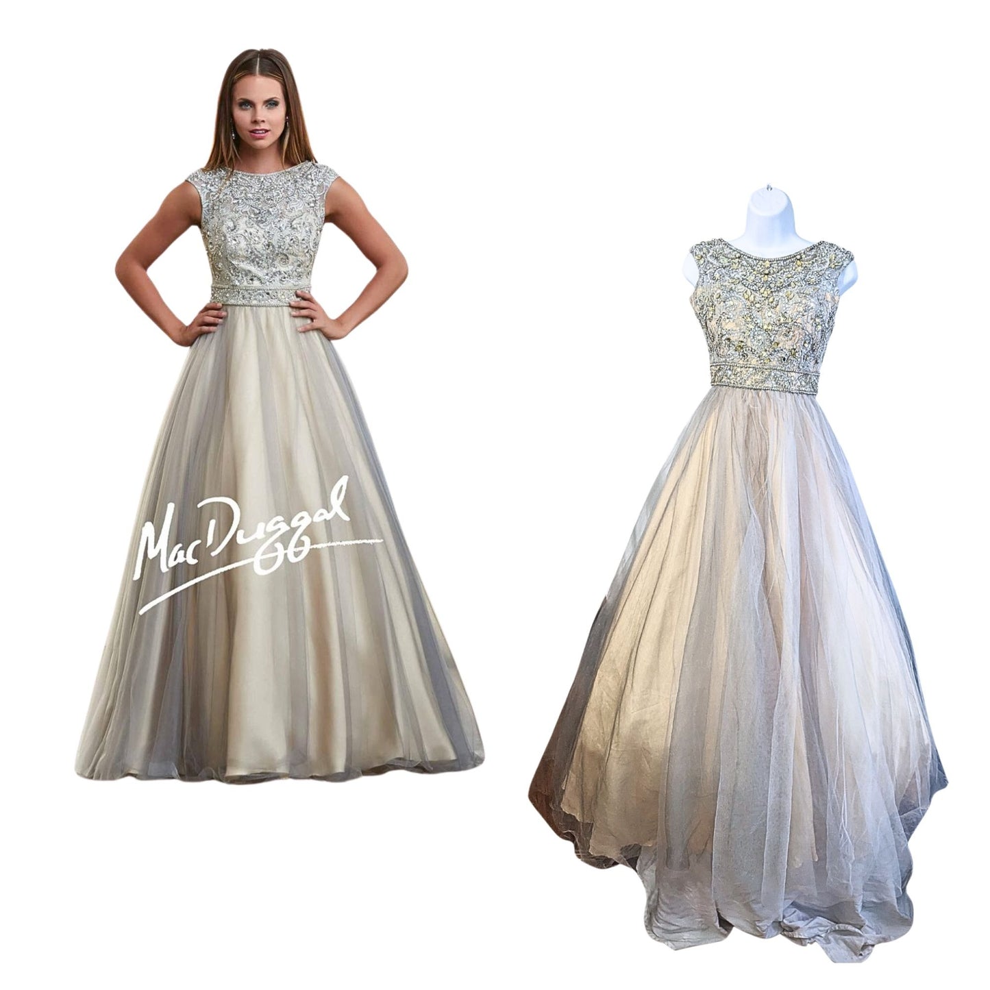 MAC DUGGAL Platinum Nude Rhinestone Illusion Bodice Chiffon Gown 82369H Size 4