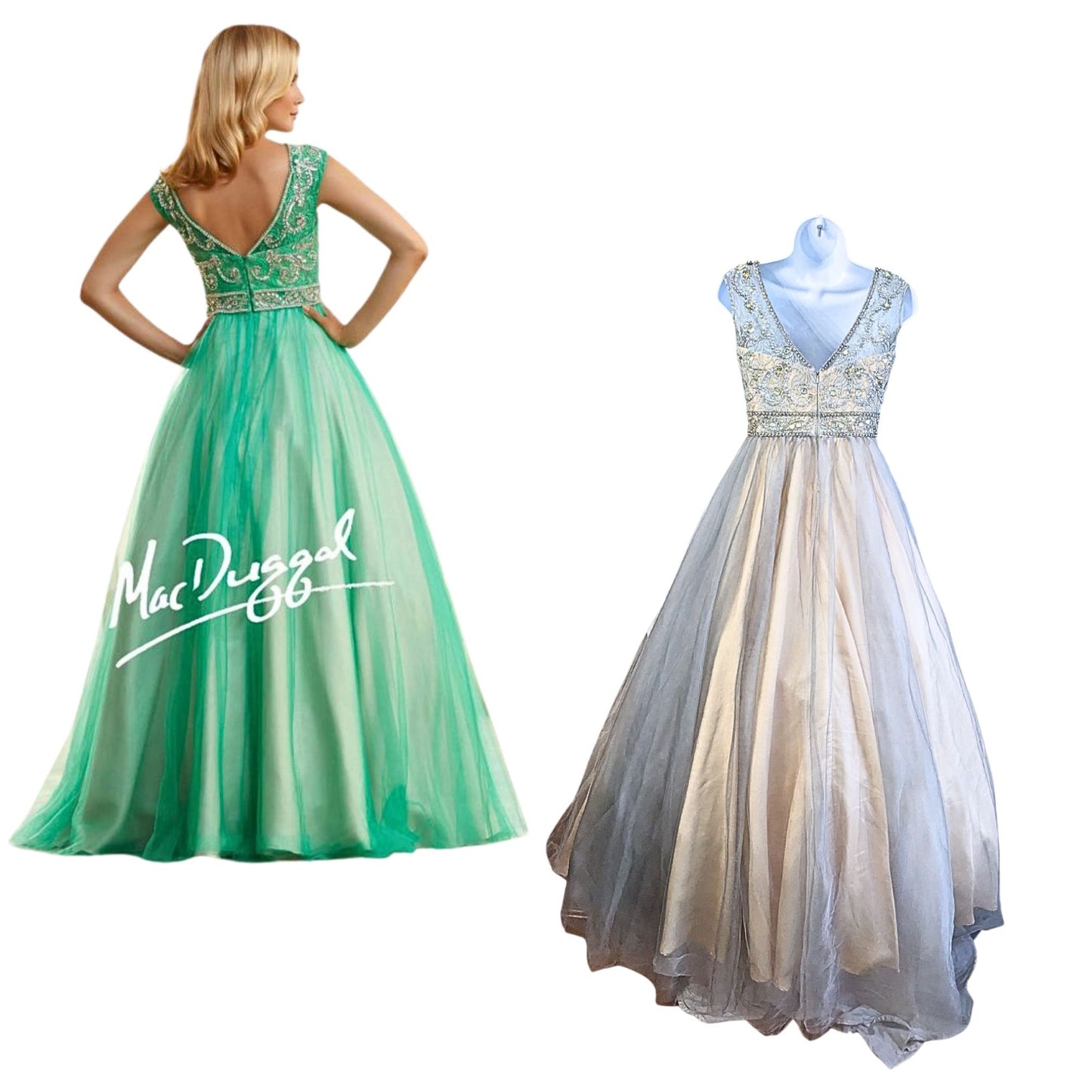 MAC DUGGAL Platinum Nude Rhinestone Illusion Bodice Chiffon Gown 82369H Size 4