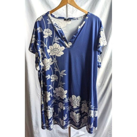 LILY BY FIRMIANA Blue V-Neck Tunic with White Floral Pattern Cap Sleeve Size 3X