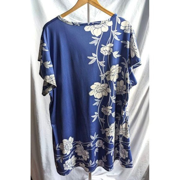 LILY BY FIRMIANA Blue V-Neck Tunic with White Floral Pattern Cap Sleeve Size 3X
