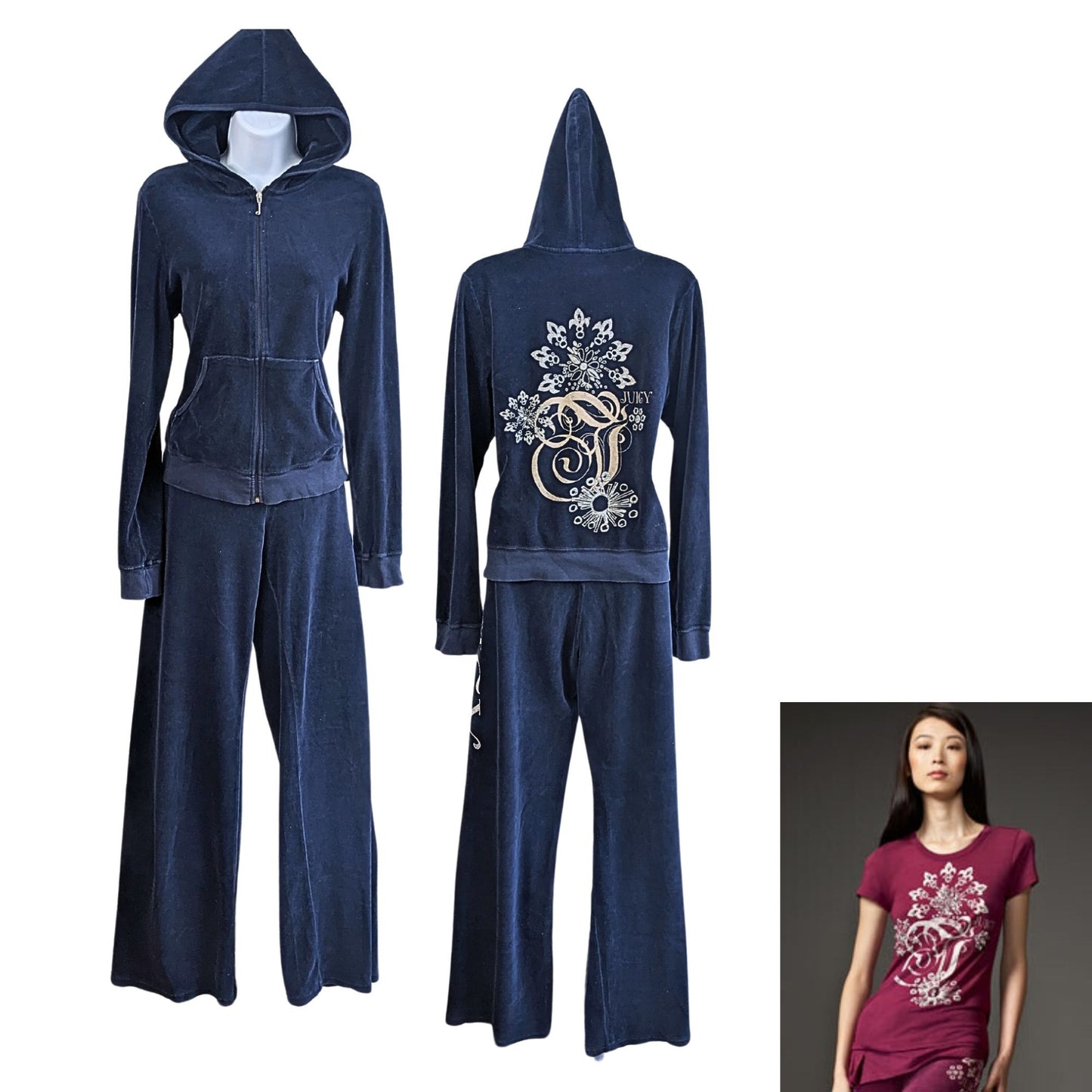 Vtg Y2K JUICY COUTURE Velour Winter Snowflake 2pc Tracksuit Set Size L/XL