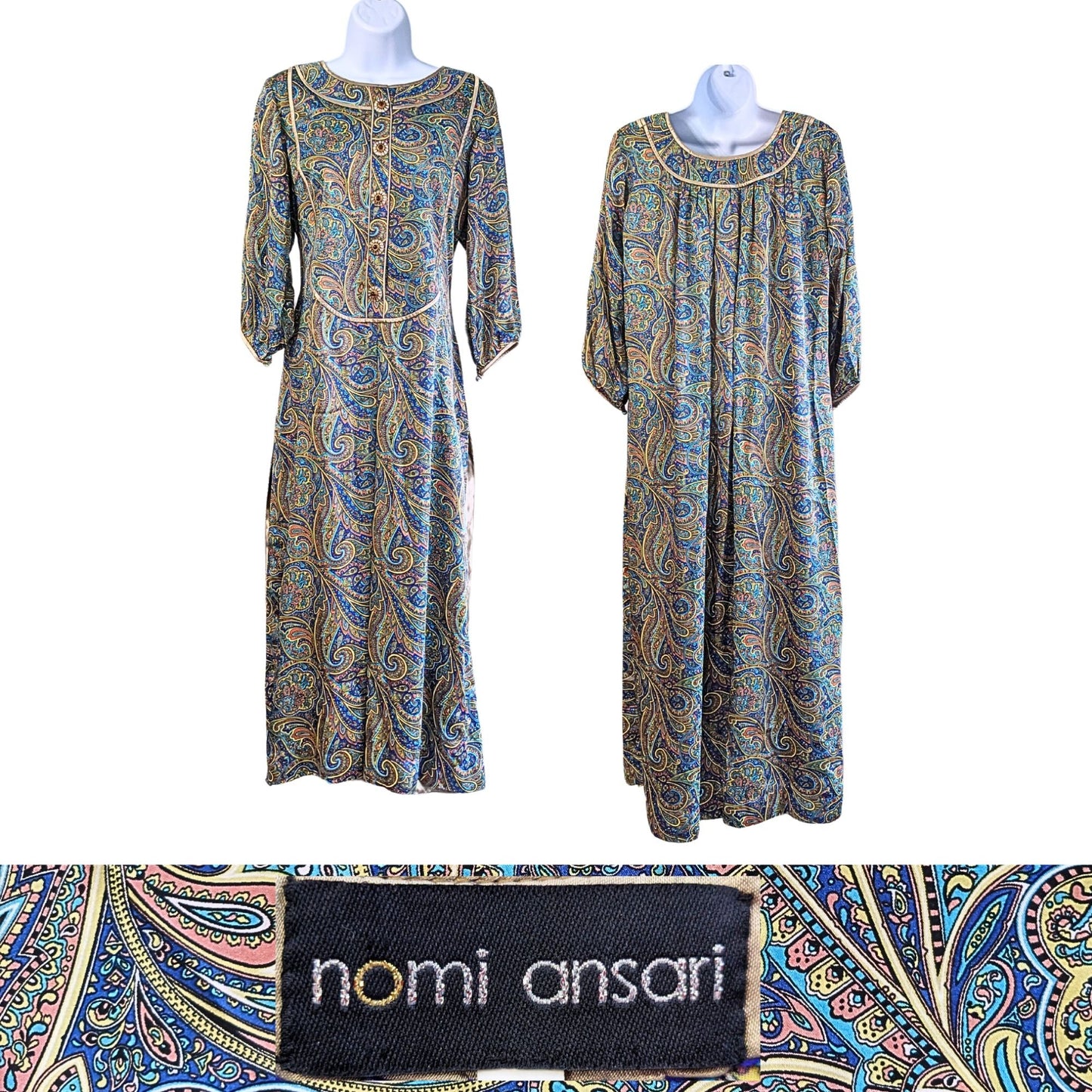 NOMI ANSARI Designer Pakistani Blue Bronze Paisley Silk Organza Kurta Shirt Sz M
