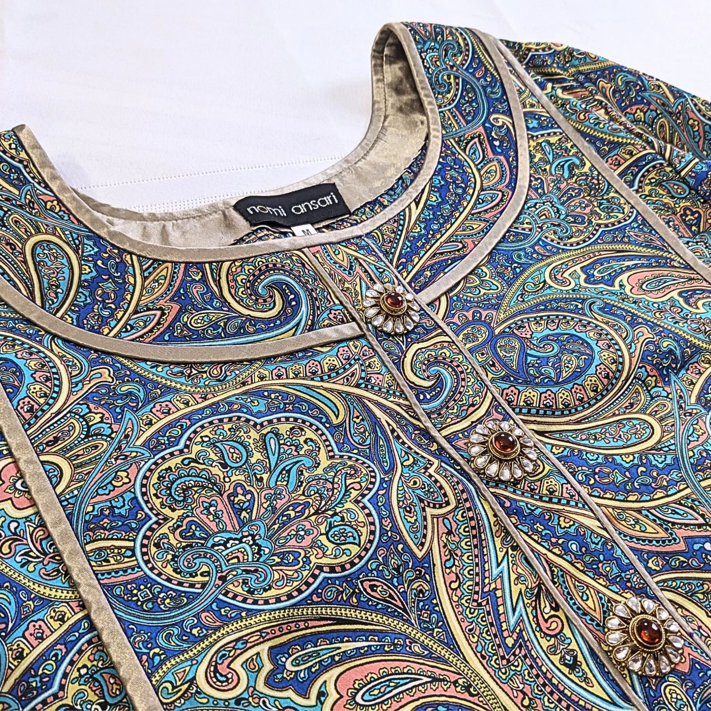 NOMI ANSARI Designer Pakistani Blue Bronze Paisley Silk Organza Kurta Shirt Sz M