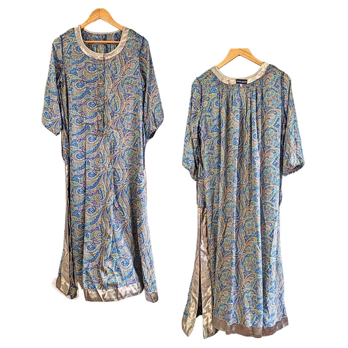 NOMI ANSARI Designer Pakistani Blue Bronze Paisley Silk Organza Kurta Shirt Sz M