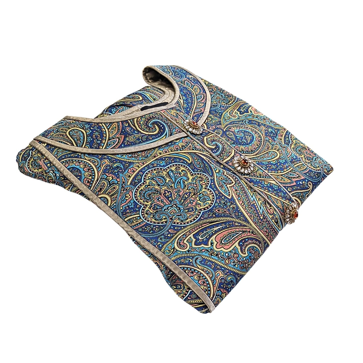 NOMI ANSARI Designer Pakistani Blue Bronze Paisley Silk Organza Kurta Shirt Sz M
