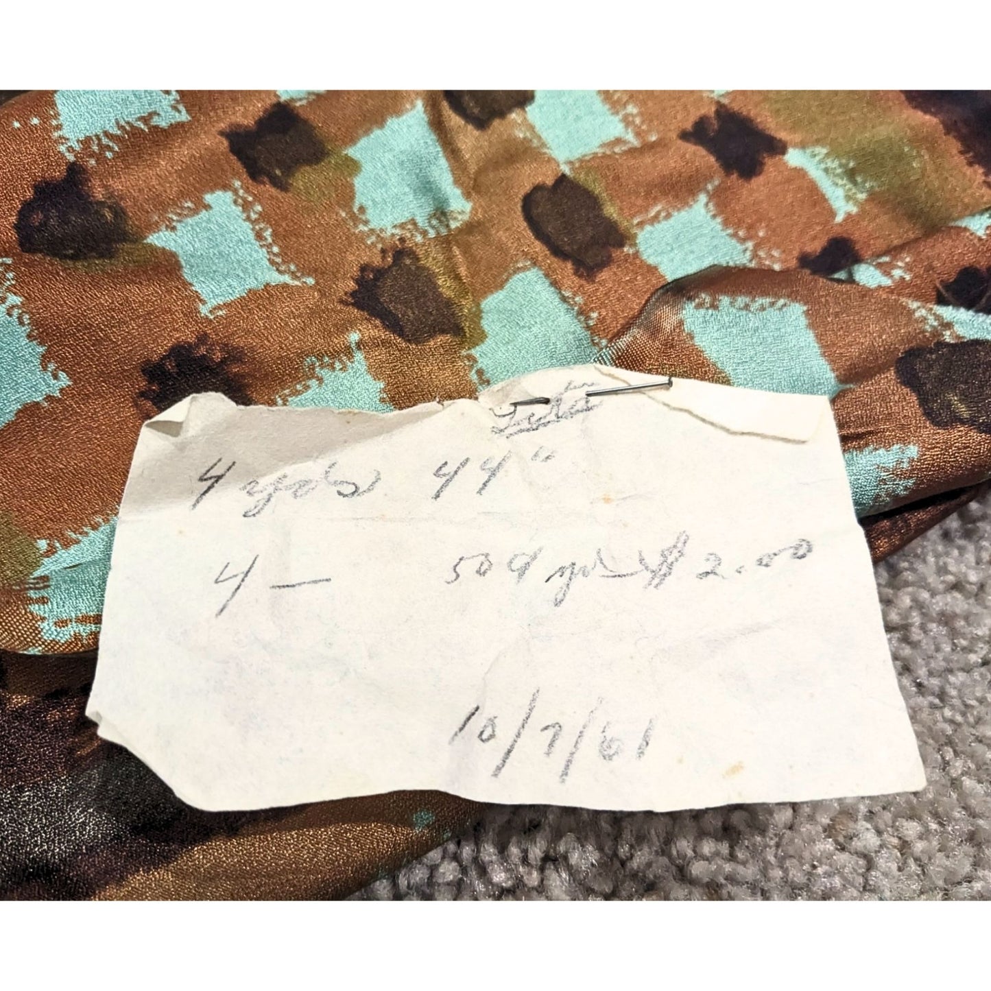 Vintage 60s Uncut Polyester Satin Mod Fabric w/ Receipt Orange Check 5 sq.yds.